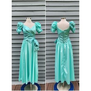 Vintage 80s Prom Dress Teal‎ Metallic Lamé Puff Sleeve Maxi Bow Small